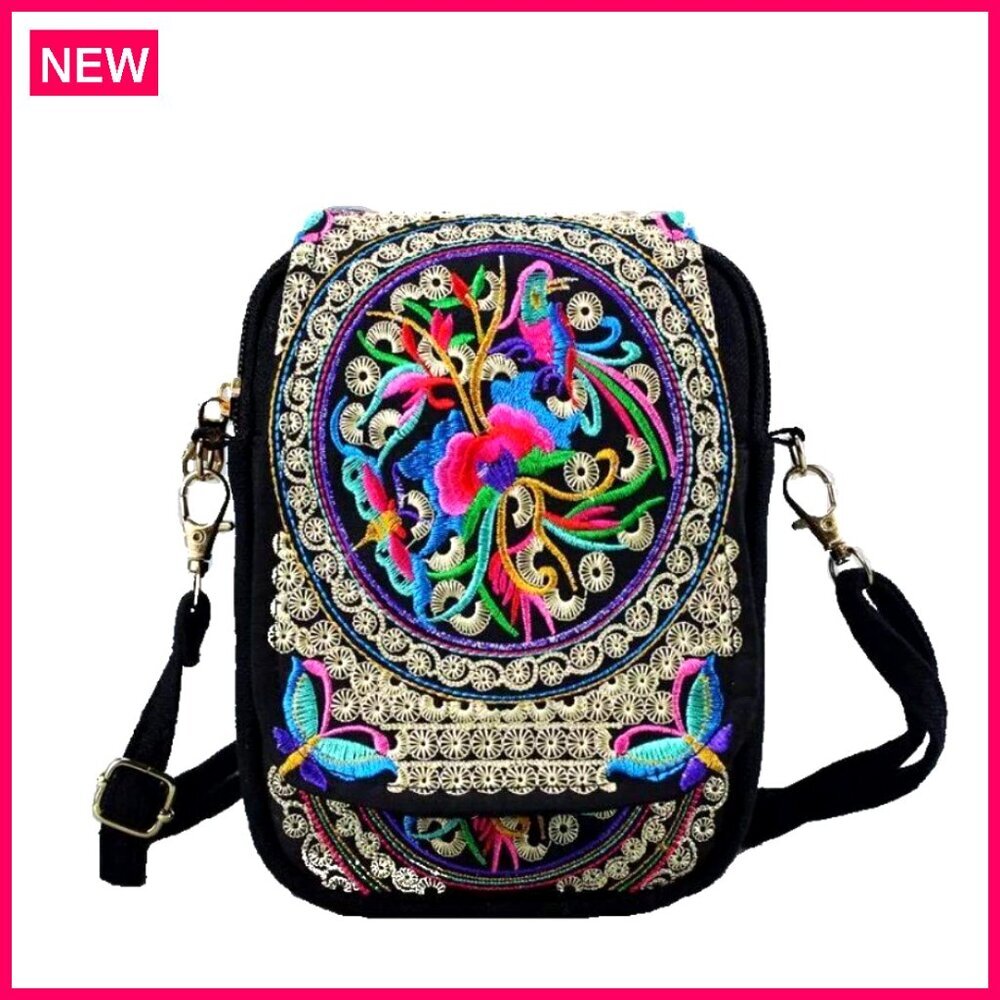 Handmade Canvas Crossbody Bag Mini Purse with Embroidery Travel Phone Wallet